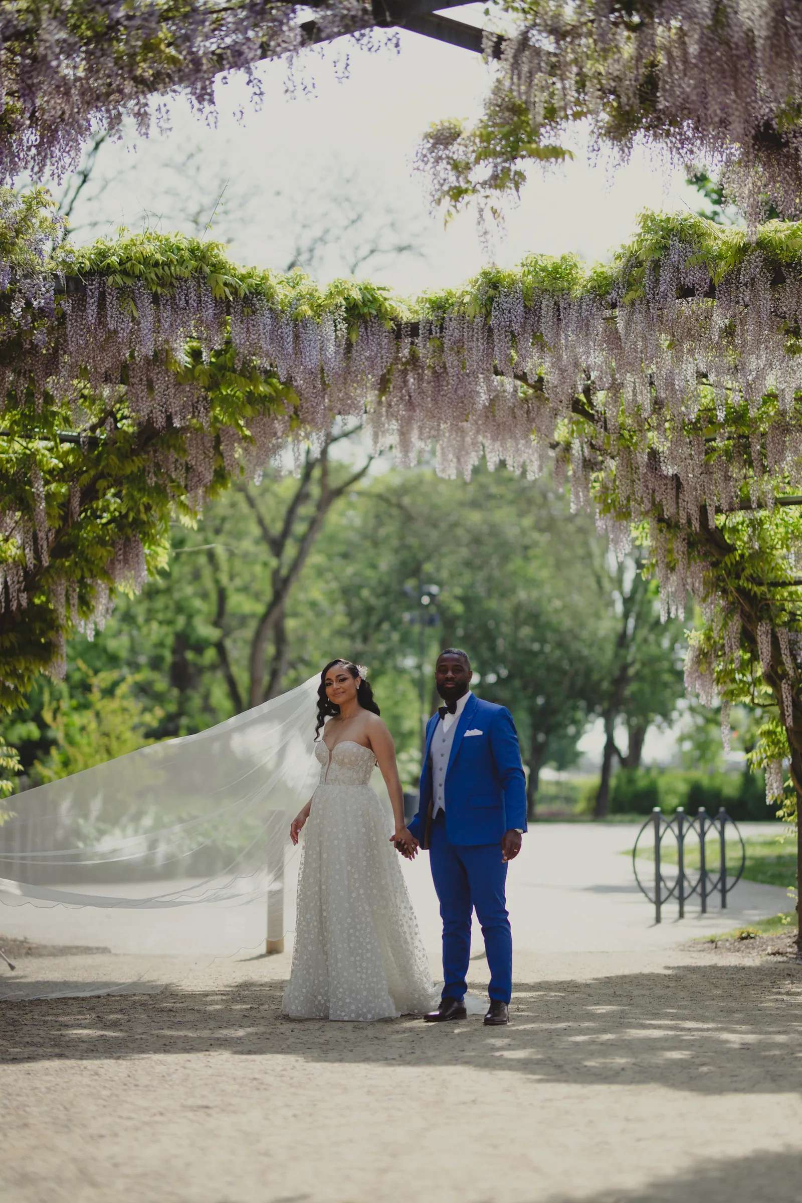 Les mariés sous une tonnelle de glycine en fleurs